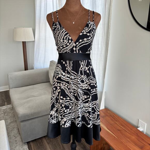 Express Dresses & Skirts - Vintage 2000s Express Black Silver Pattern Midi Dress Satin Waistband Size S